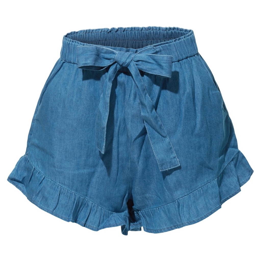 Ruffled Self Tie Denim Shorts with Pockets